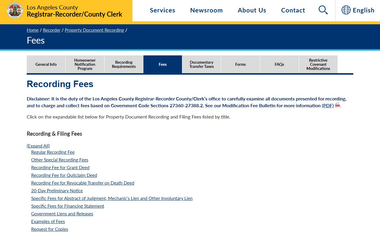 Recording fee schedule for Los Angeles County