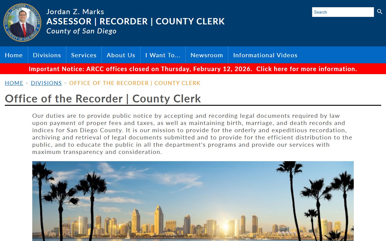 San Diego County recorder homepage