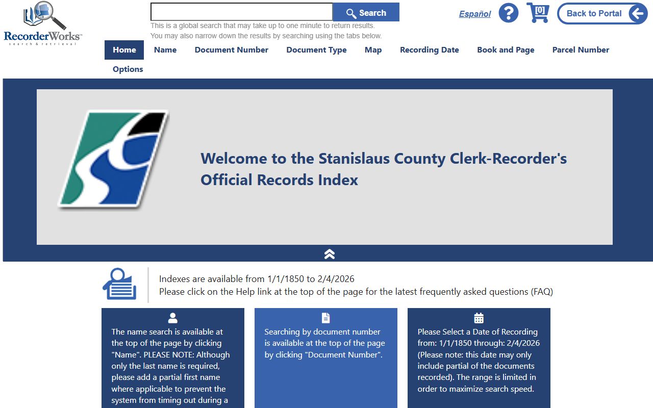 Stanislaus County RecorderWorks deed search system