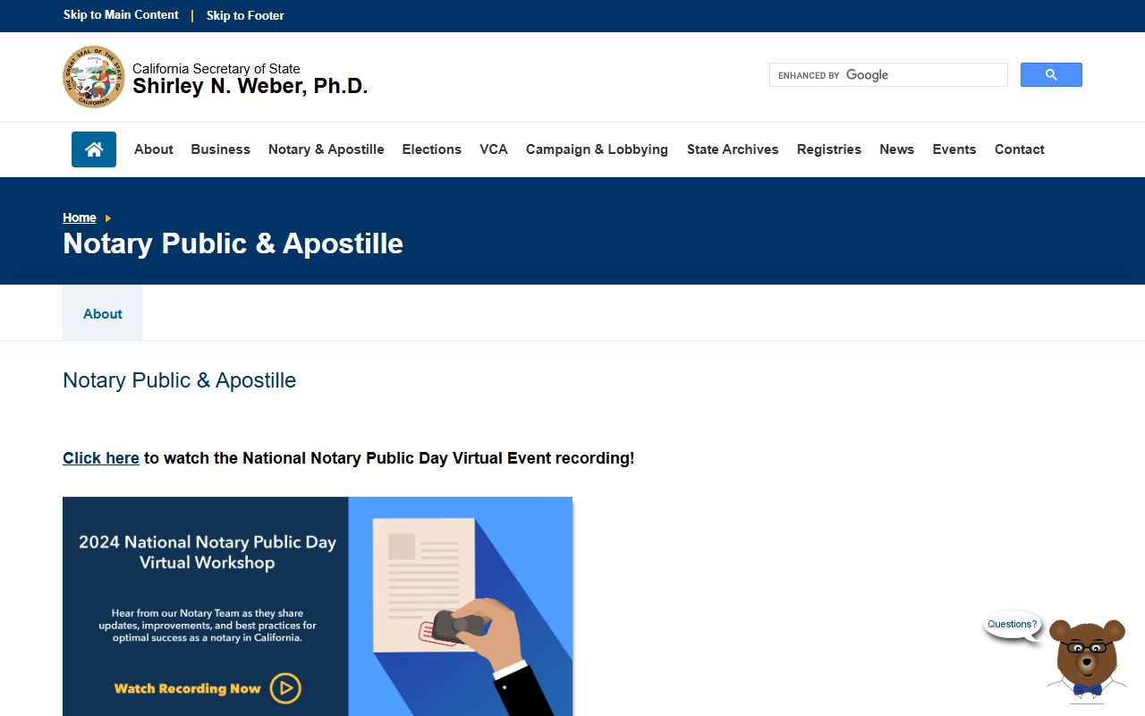 California Secretary of State notary services page